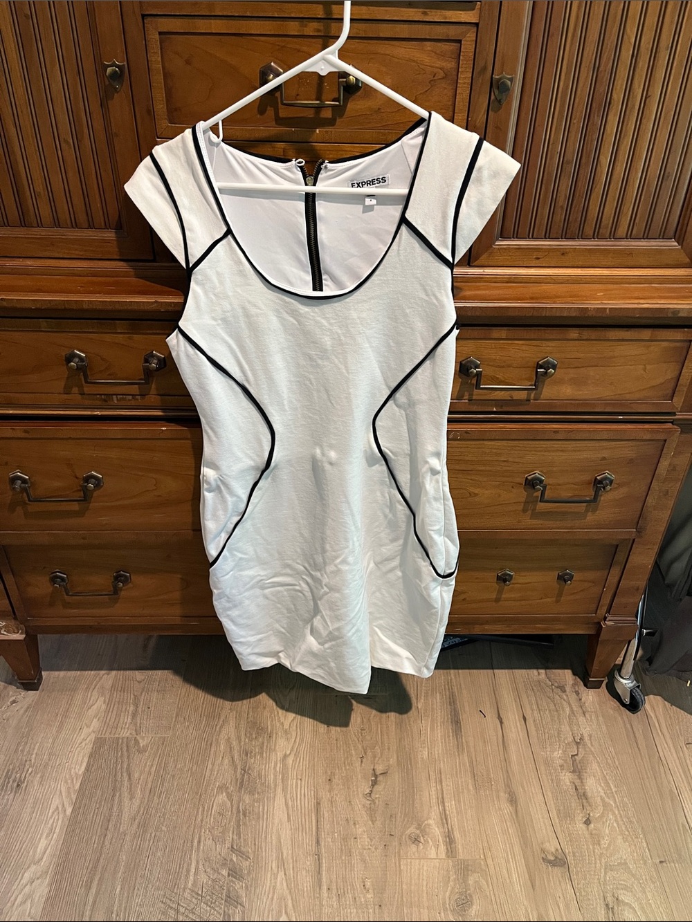 Express White Dress with Black Piping Accents